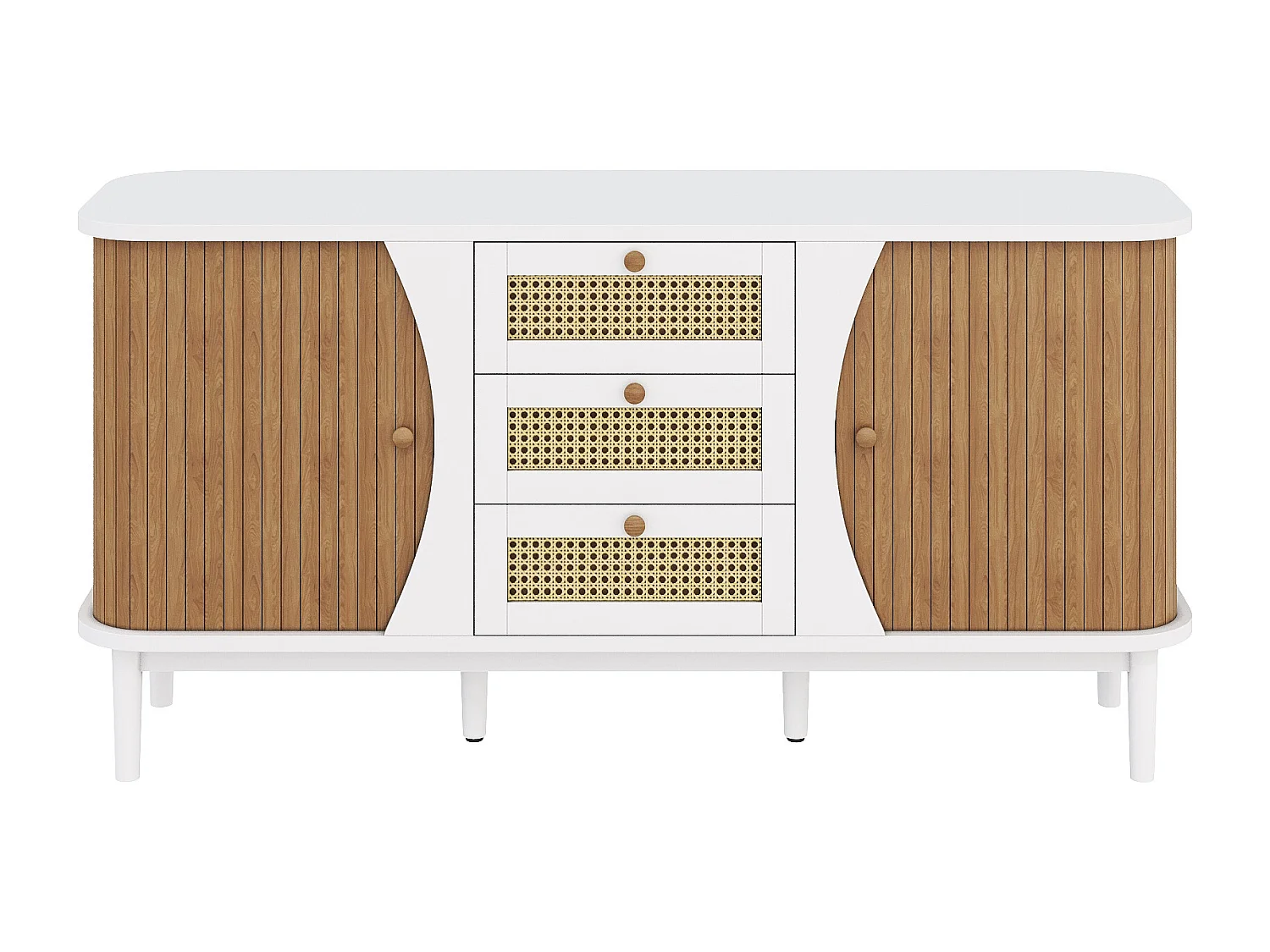 Weißes und naturbelassenes Sideboard mit 2 Türen, 3 Rattanschubladen und verstellbaren Einlegeböden – für Wohn- und Esszimmer