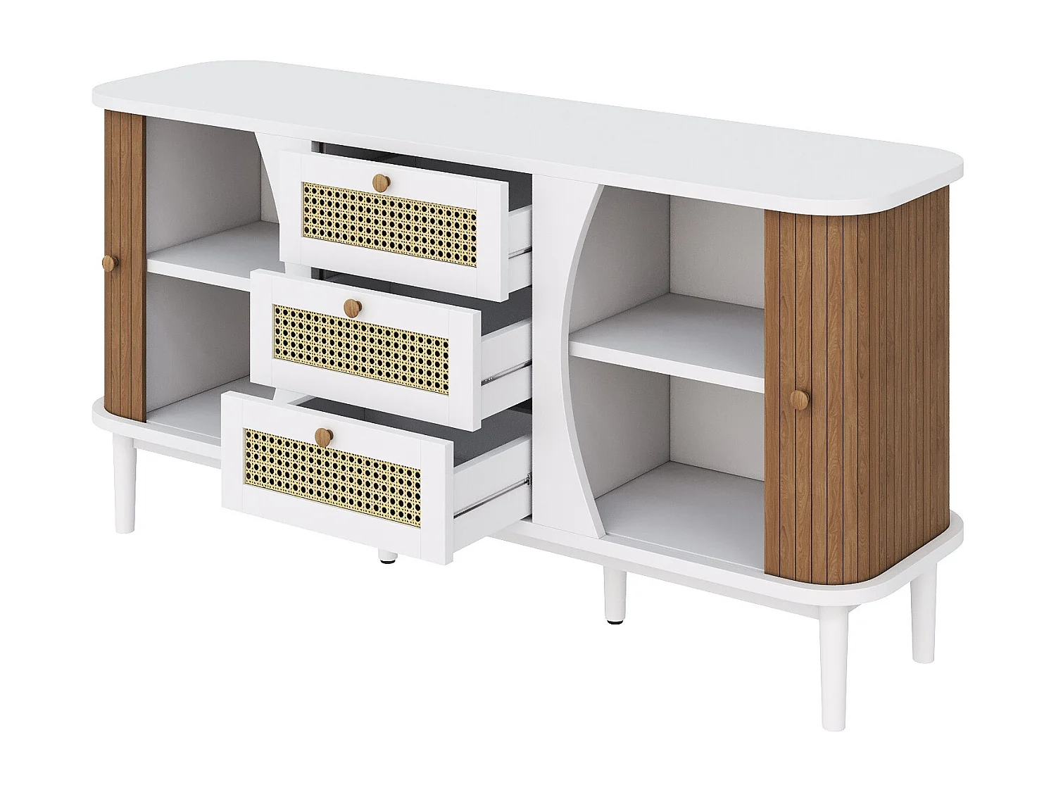 Weißes und naturbelassenes Sideboard mit 2 Türen, 3 Rattanschubladen und verstellbaren Einlegeböden – für Wohn- und Esszimmer