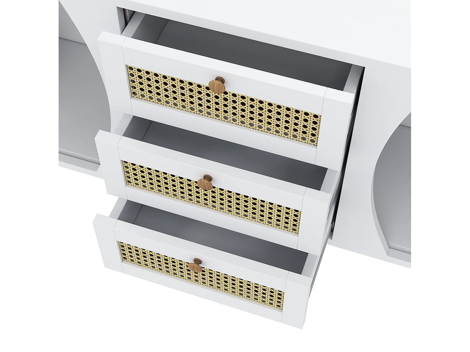 Weißes und naturbelassenes Sideboard mit 2 Türen, 3 Rattanschubladen und verstellbaren Einlegeböden – für Wohn- und Esszimmer