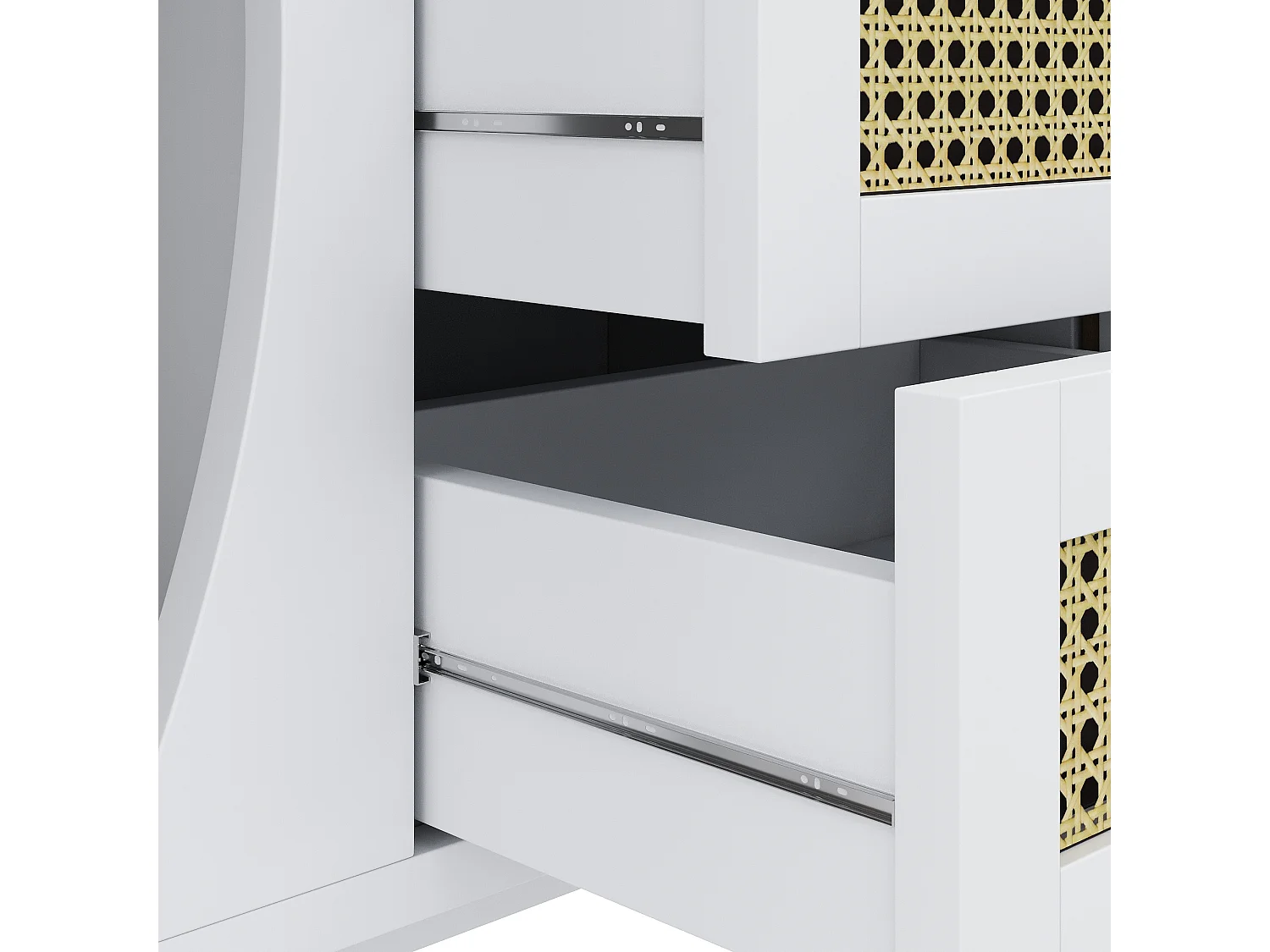 Weißes und naturbelassenes Sideboard mit 2 Türen, 3 Rattanschubladen und verstellbaren Einlegeböden – für Wohn- und Esszimmer