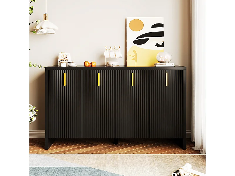 Credenza nera con 4 ante a righe e divisori regolabili, maniglie dorate