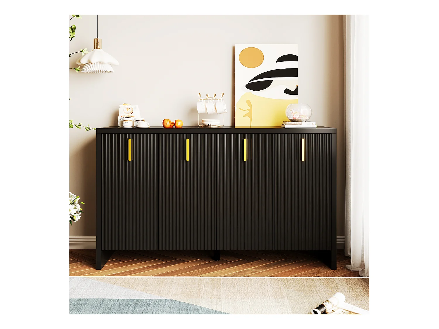 Buffet noir avec 4 portes rayées et séparateurs réglables, poignées dorées