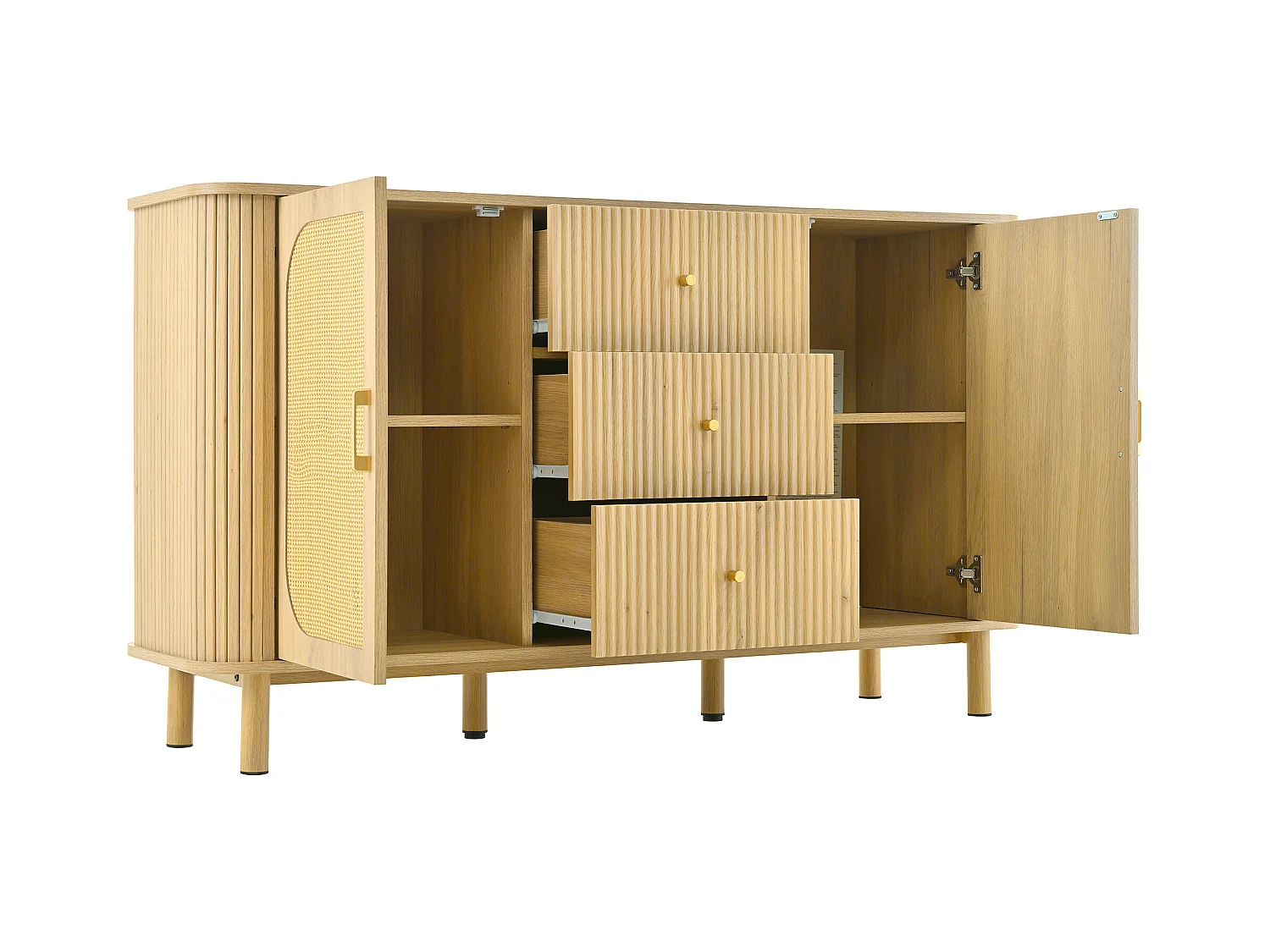 Buffet couleur bois avec 2 portes en rotin et 3 tiroirs rayés - pieds en métal