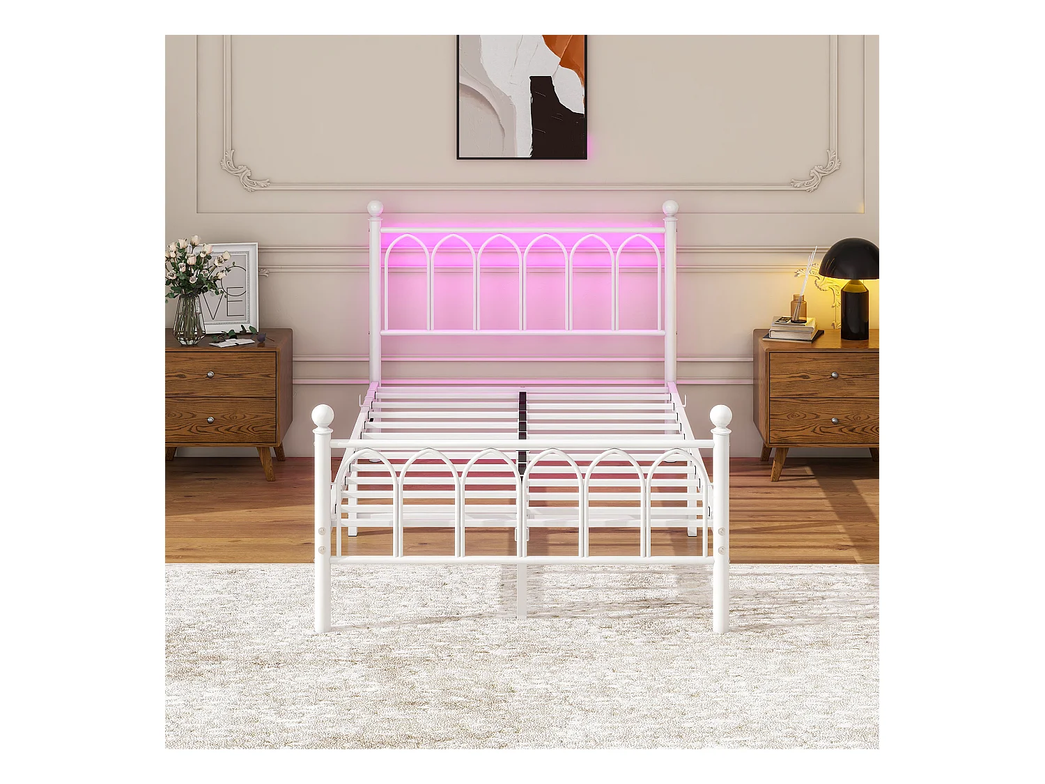 Lit adulte 120 x 200 cm, blanc, lit simple avec port de charge et LED, cadre métallique - sans matelas