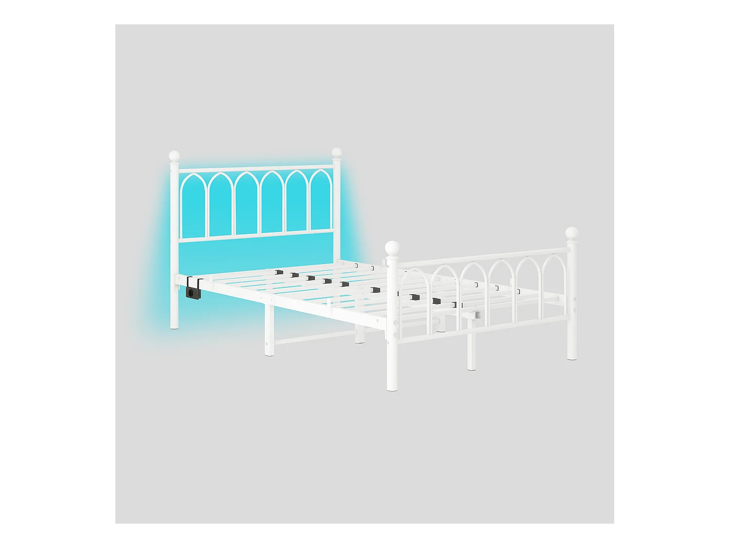 Lit adulte 120 x 200 cm, blanc, lit simple avec port de charge et LED, cadre métallique - sans matelas