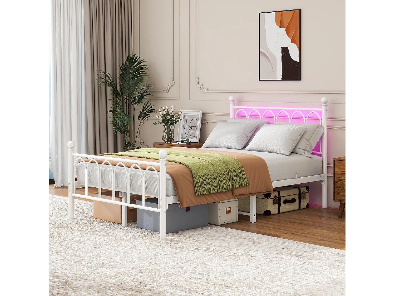 Lit adulte 120 x 200 cm, blanc, lit simple avec port de charge et LED, cadre métallique - sans matelas