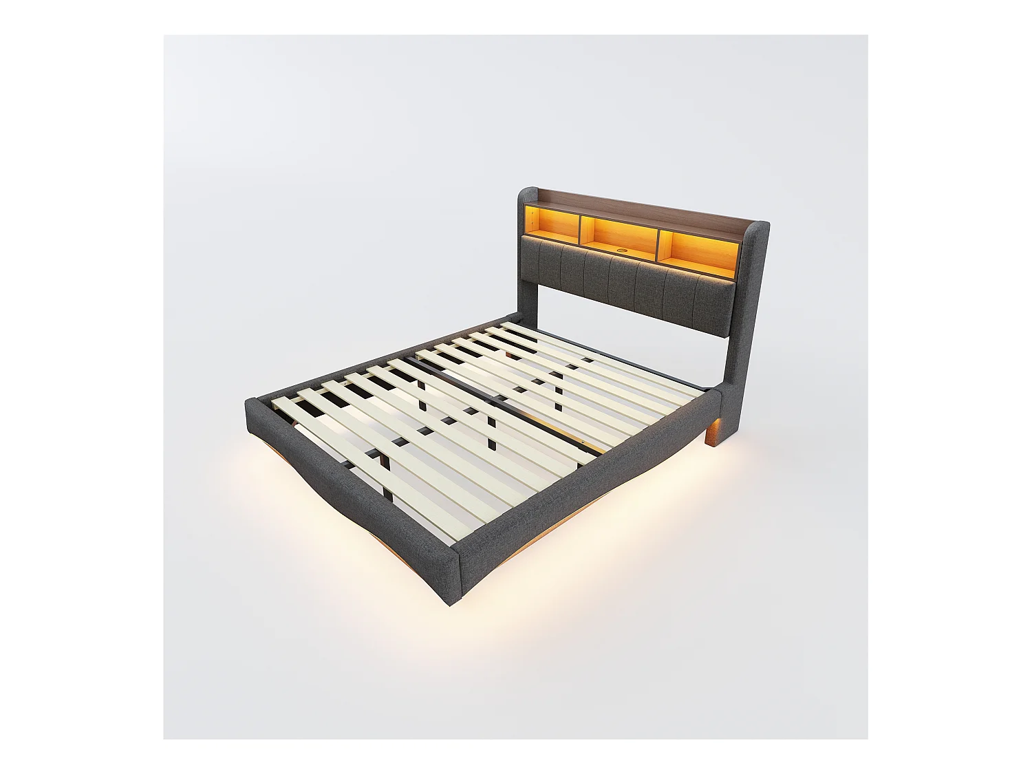 Lit adulte 140x200 cm, lin gris, lit double avec LED et ports USB/Type-C, tête de lit avec rangement