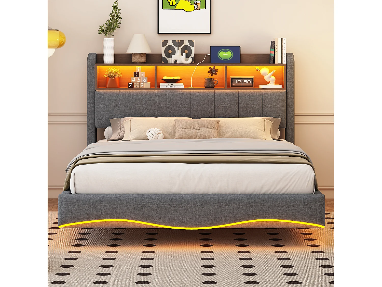 Lit adulte 140x200 cm, lin gris, lit double avec LED et ports USB/Type-C, tête de lit avec rangement