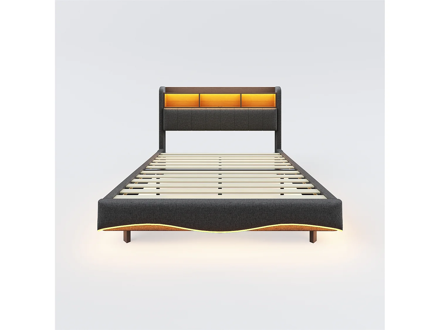 Lit adulte 140x200 cm, lin gris, lit double avec LED et ports USB/Type-C, tête de lit avec rangement