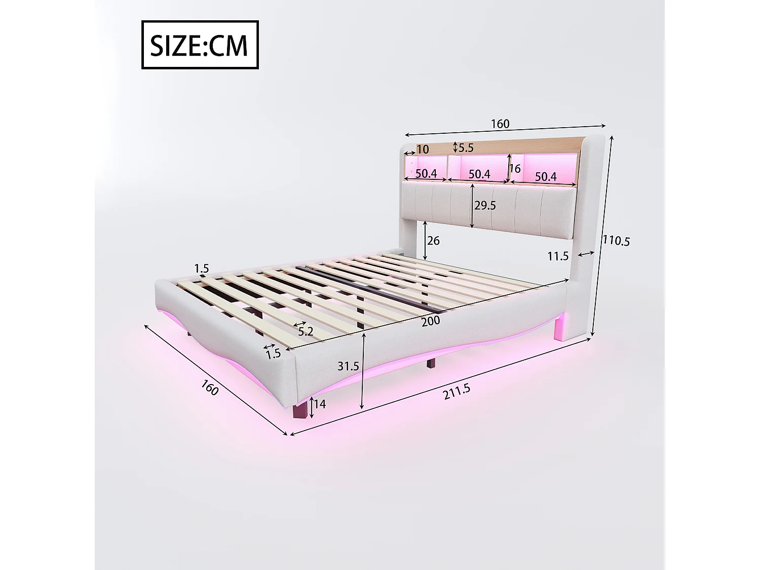 Lit double 160x200 cm, lin beige, lit adulte avec LED et ports USB/Type-C, tête de lit avec rangement
