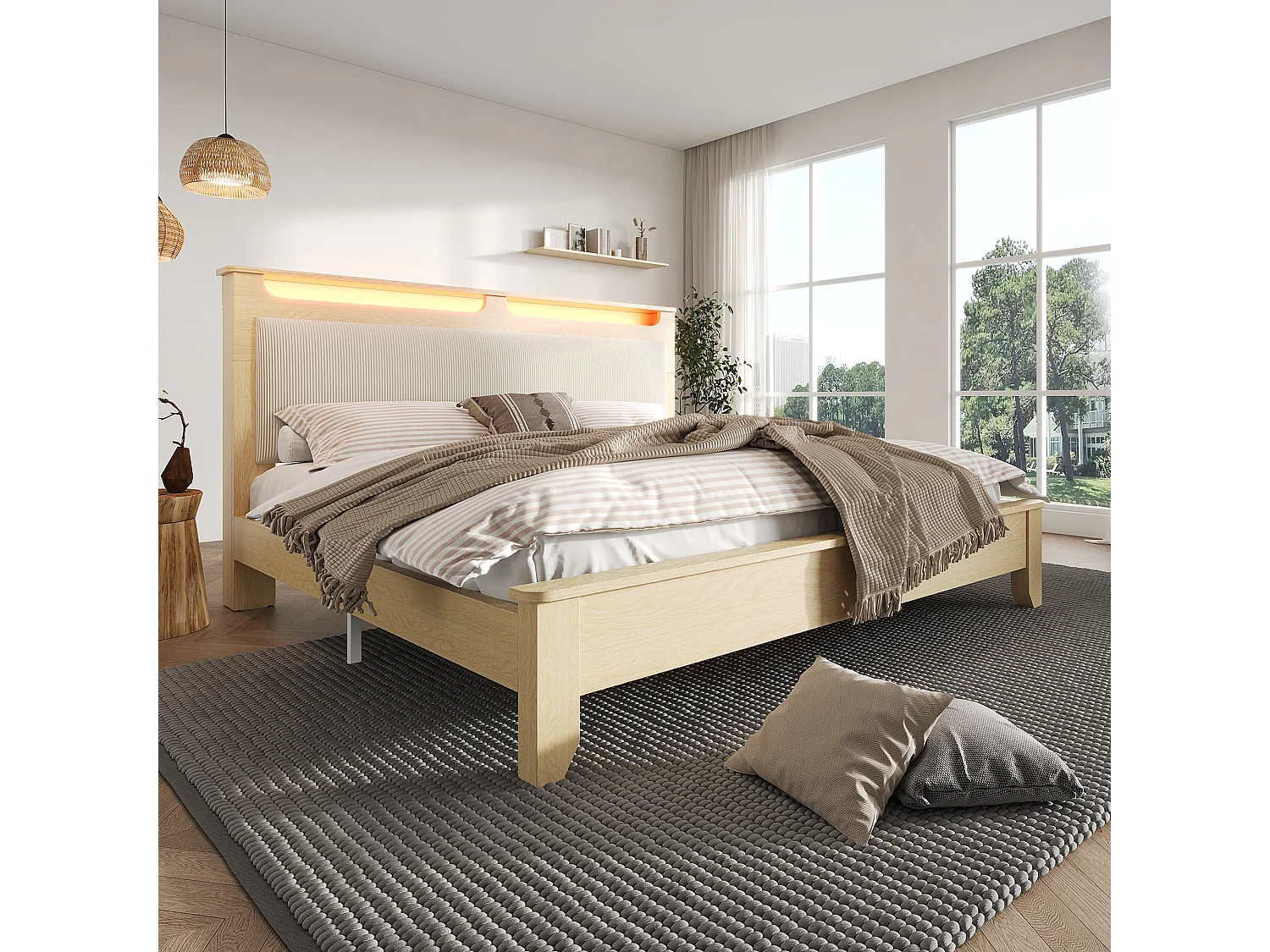 Doppelbett 160 x 200 cm, mit Kopfteil und Lattenrost, LED-Beleuchtung, Eiche hell, Kord beige