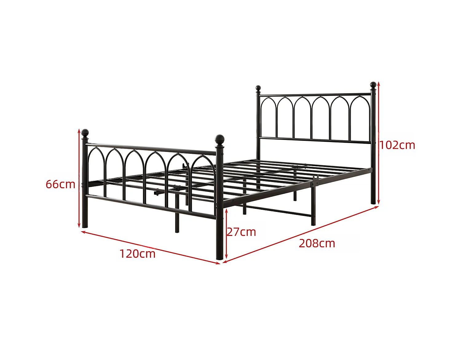 Lit adulte 120 x 200 cm, noir, lit simple avec port de charge et LED, cadre métallique - sans matelas