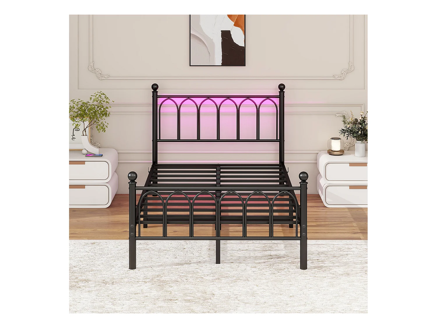 Lit adulte 120 x 200 cm, noir, lit simple avec port de charge et LED, cadre métallique - sans matelas