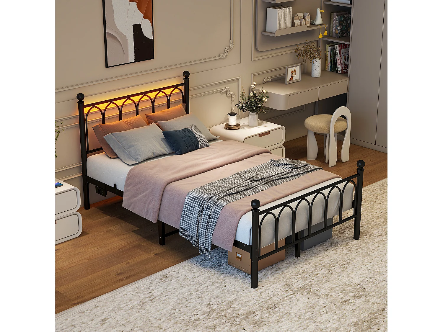 Erwachsenenbett 120 x 200 cm, schwarz, Einzelbett mit Ladeanschluss und LED, Metallrahmen – ohne Matratze