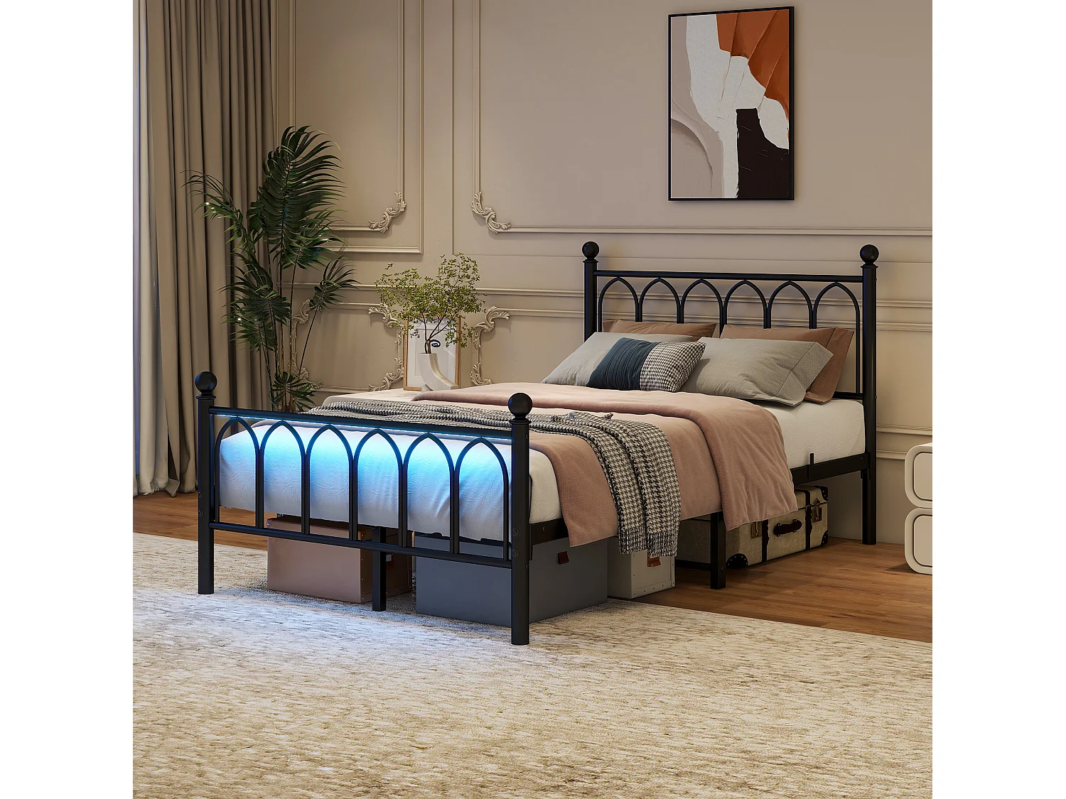 Erwachsenenbett 120 x 200 cm, schwarz, Einzelbett mit Ladeanschluss und LED, Metallrahmen – ohne Matratze