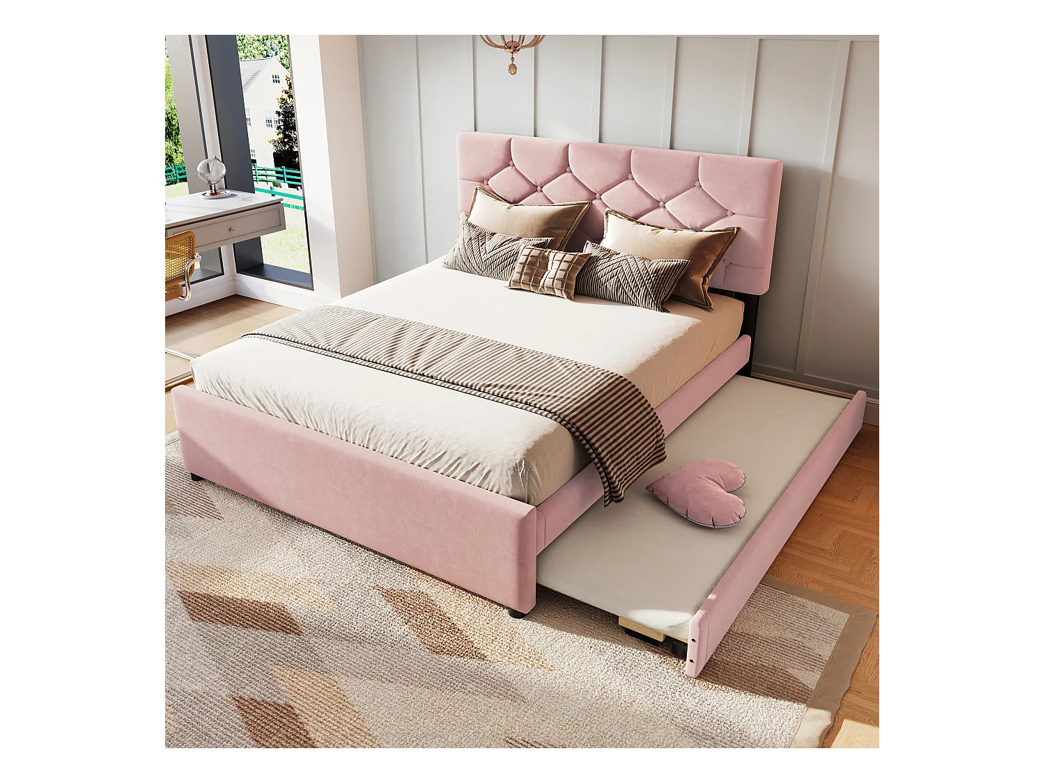 Lit double 140 x 200 cm, velours rose, avec lit gigogne et sommier à lattes - sans matelas