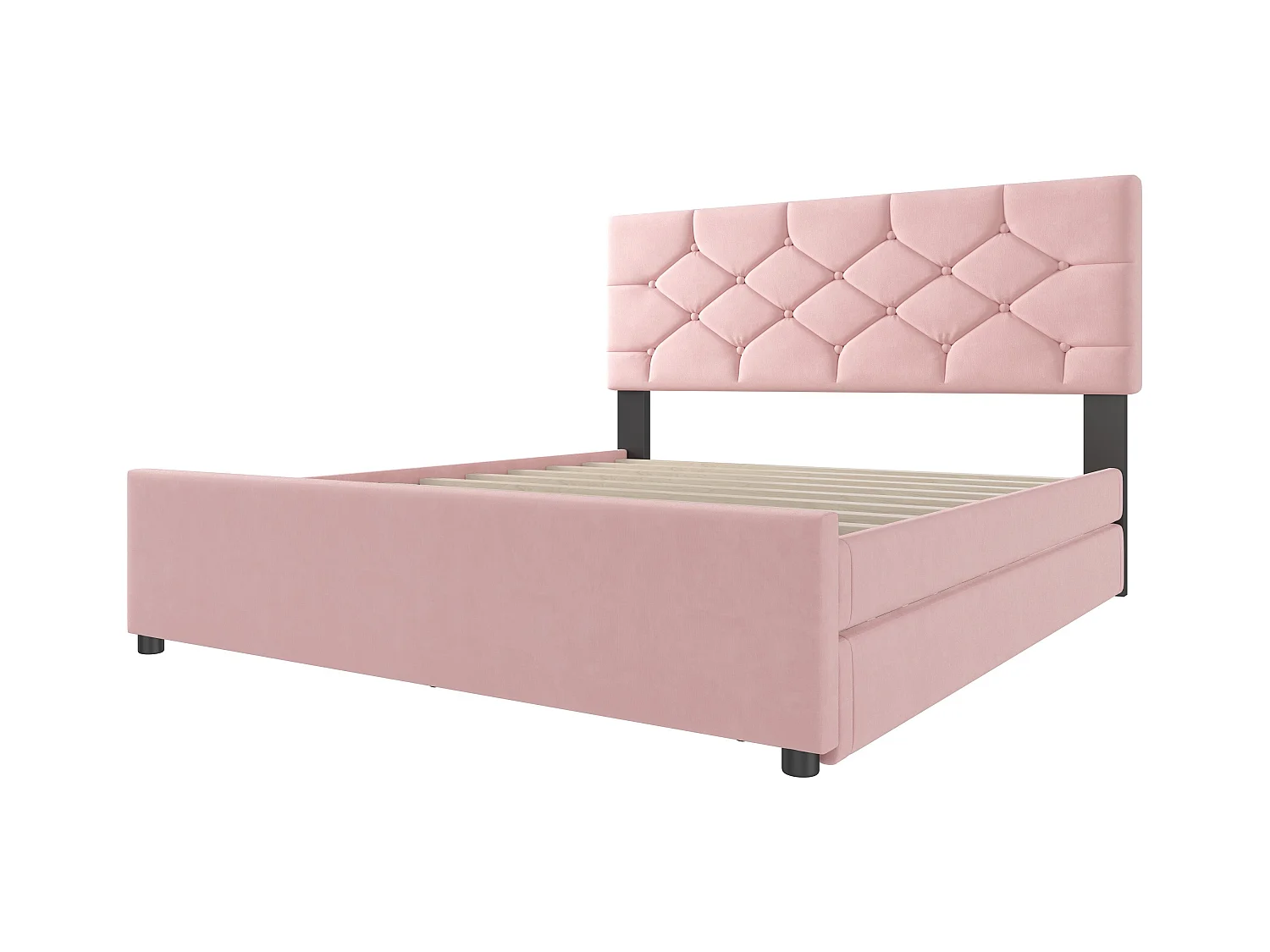 Lit double 140 x 200 cm, velours rose, avec lit gigogne et sommier à lattes - sans matelas