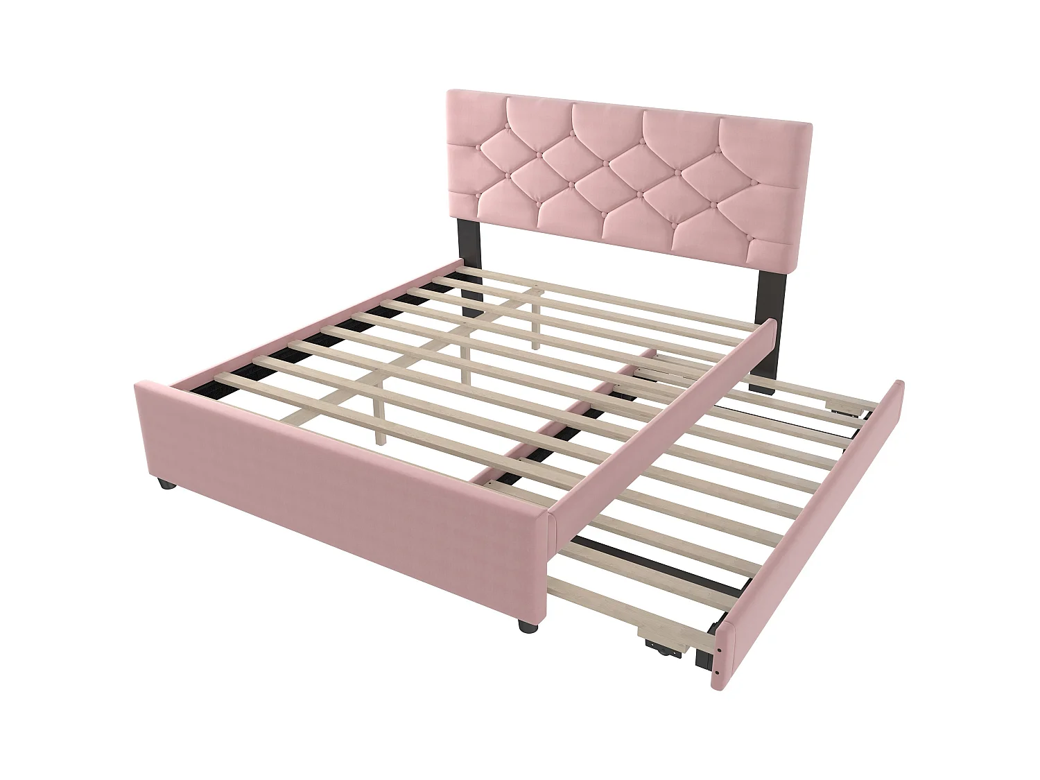 Lit double 140 x 200 cm, velours rose, avec lit gigogne et sommier à lattes - sans matelas