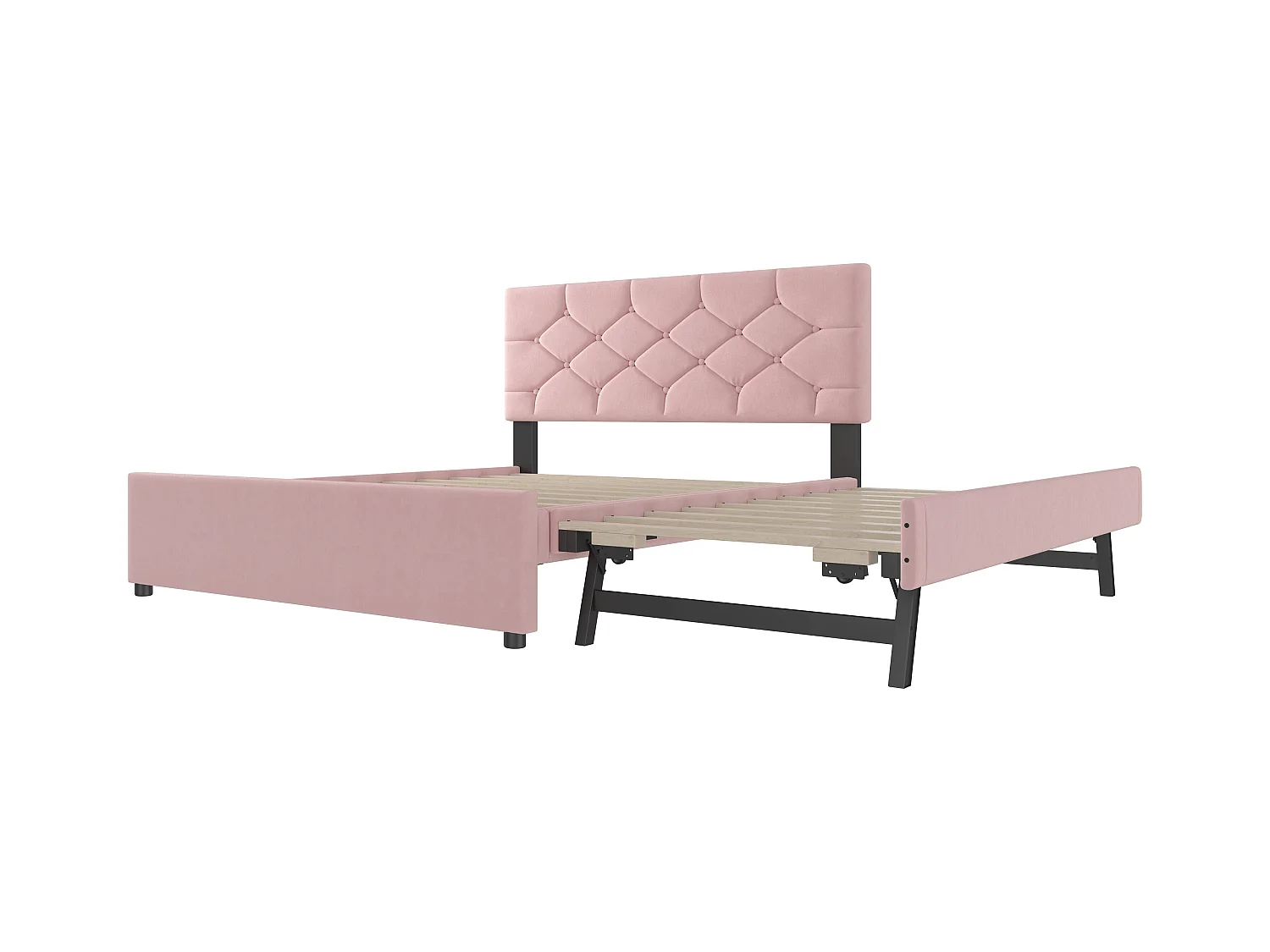 Lit double 140 x 200 cm, velours rose, avec lit gigogne et sommier à lattes - sans matelas