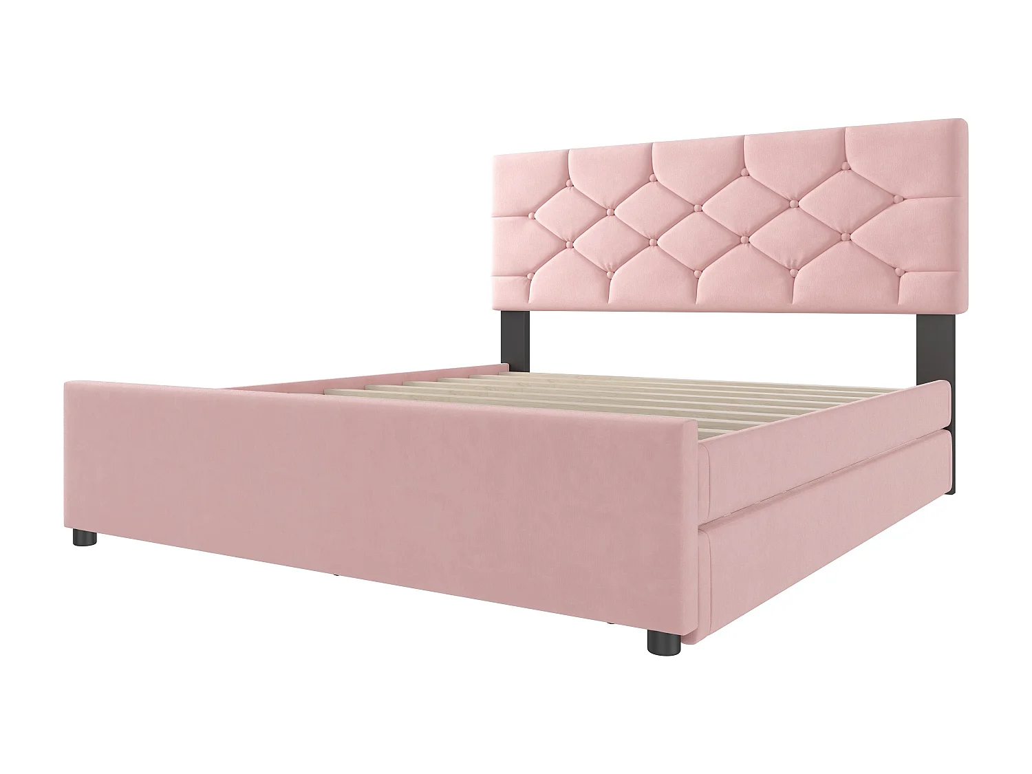 Doppelbett 140 x 200 cm, Samt rosa, mit Ausziehbett und Lattenrost – ohne Matratze