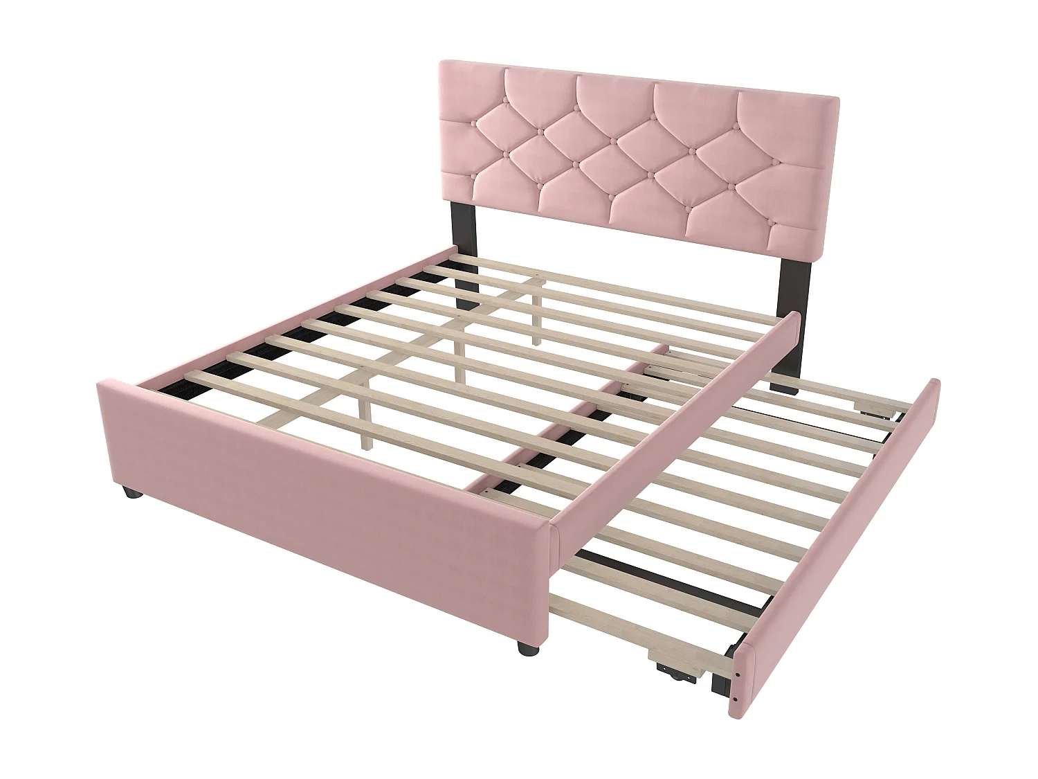 Doppelbett 140 x 200 cm, Samt rosa, mit Ausziehbett und Lattenrost – ohne Matratze