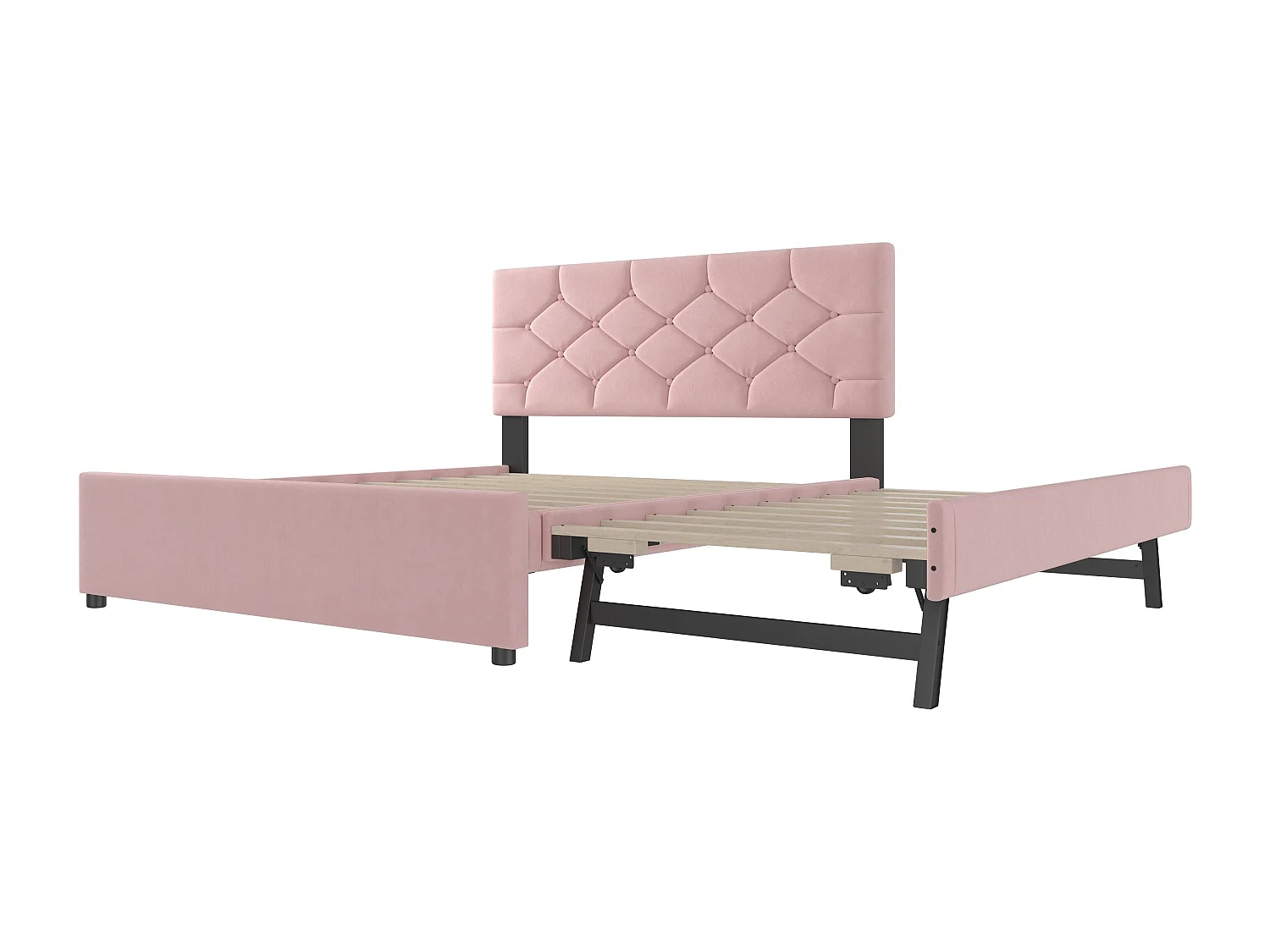 Doppelbett 140 x 200 cm, Samt rosa, mit Ausziehbett und Lattenrost – ohne Matratze