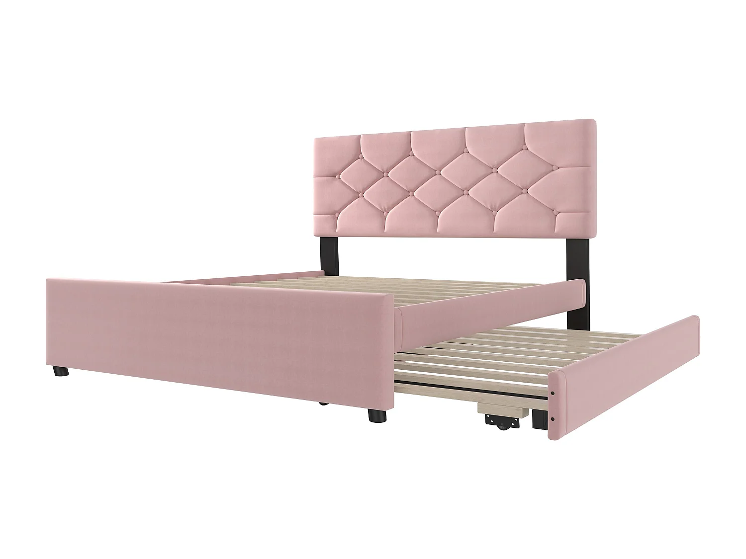 Doppelbett 140 x 200 cm, Samt rosa, mit Ausziehbett und Lattenrost – ohne Matratze
