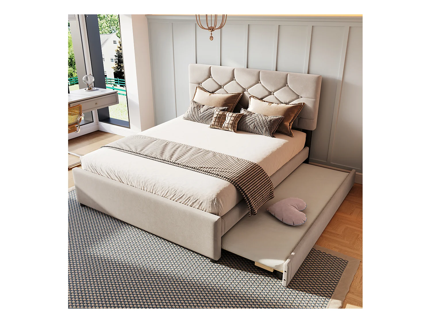 Lit double 140 x 200 cm, velours beige, avec lit gigogne et sommier à lattes - sans matelas