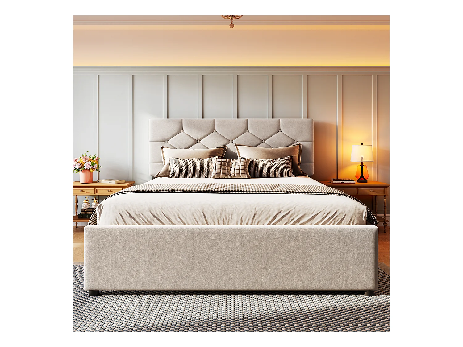 Lit double 140 x 200 cm, velours beige, avec lit gigogne et sommier à lattes - sans matelas