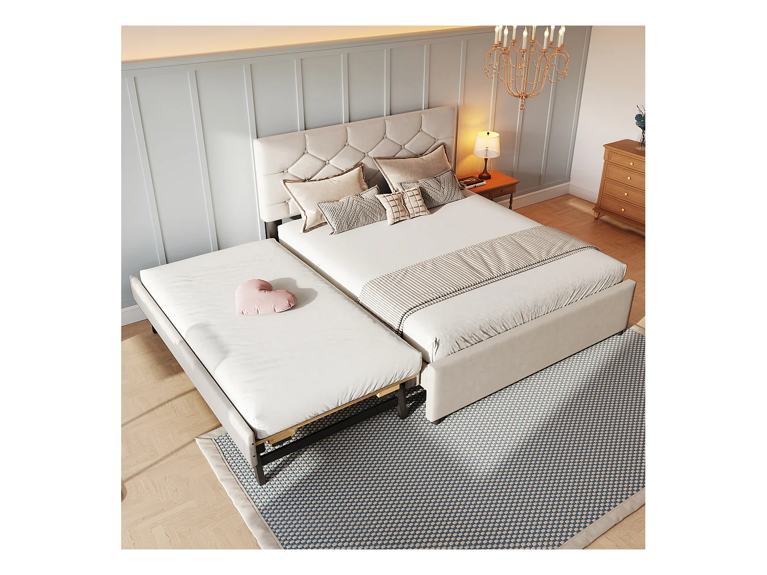 Lit double 140 x 200 cm, velours beige, avec lit gigogne et sommier à lattes - sans matelas