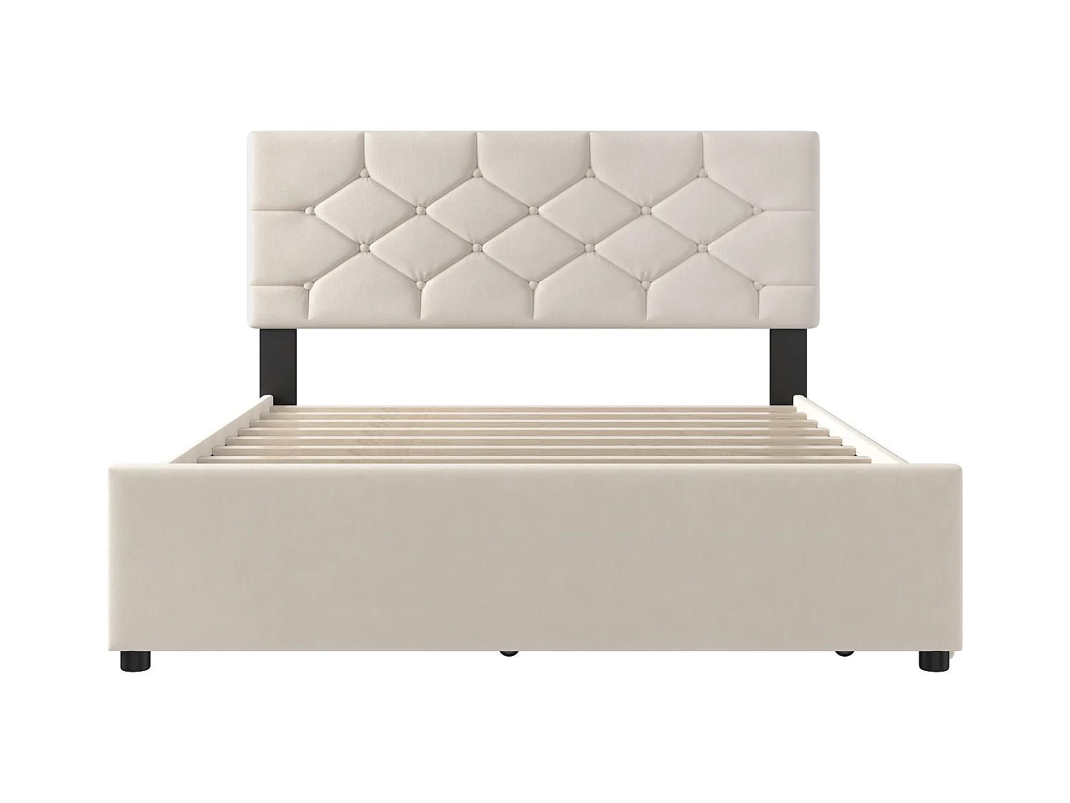 Lit double 140 x 200 cm, velours beige, avec lit gigogne et sommier à lattes - sans matelas