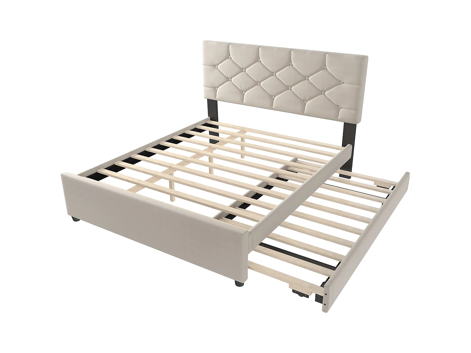 Lit double 140 x 200 cm, velours beige, avec lit gigogne et sommier à lattes - sans matelas