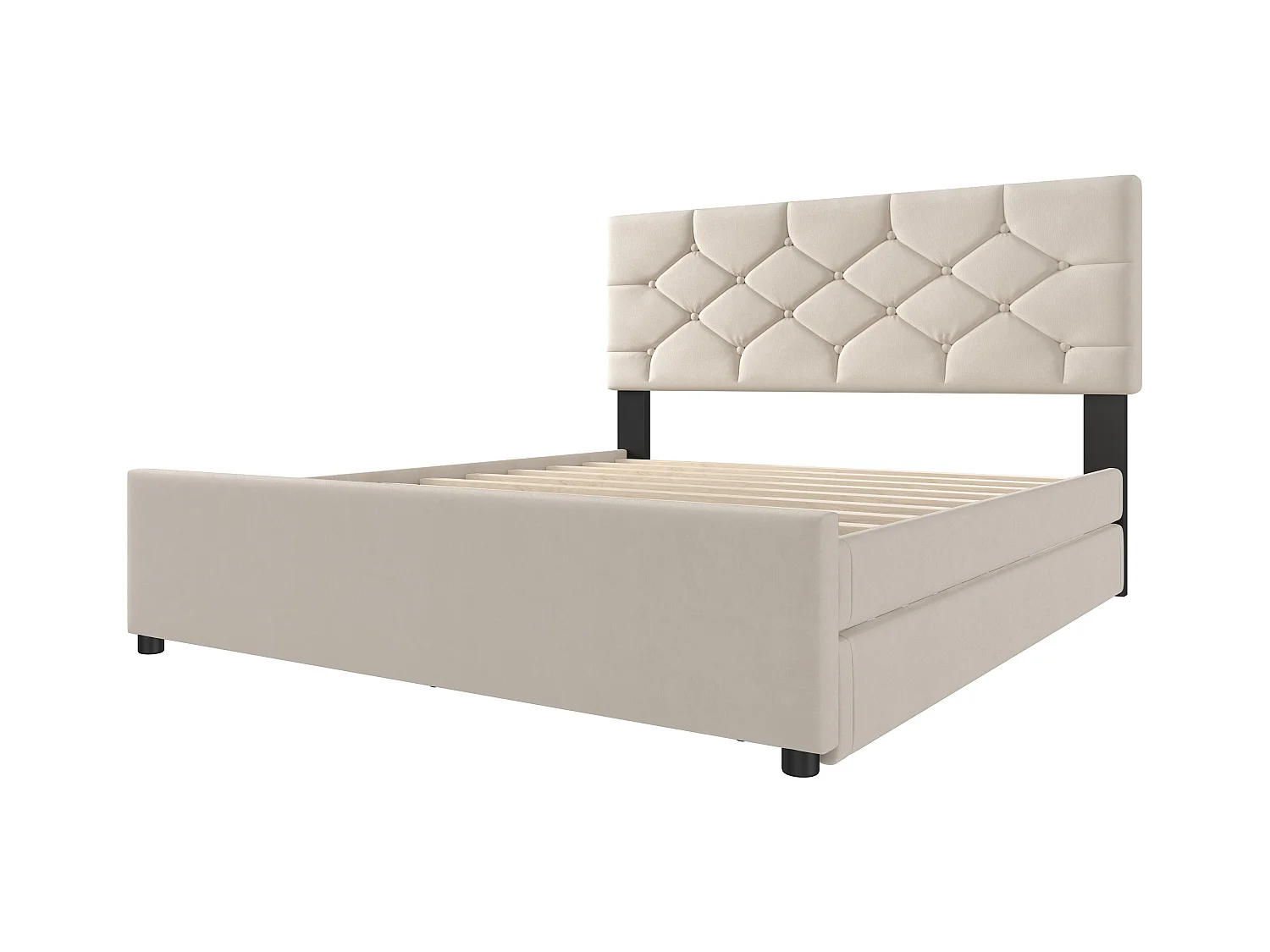 Lit double 140 x 200 cm, velours beige, avec lit gigogne et sommier à lattes - sans matelas