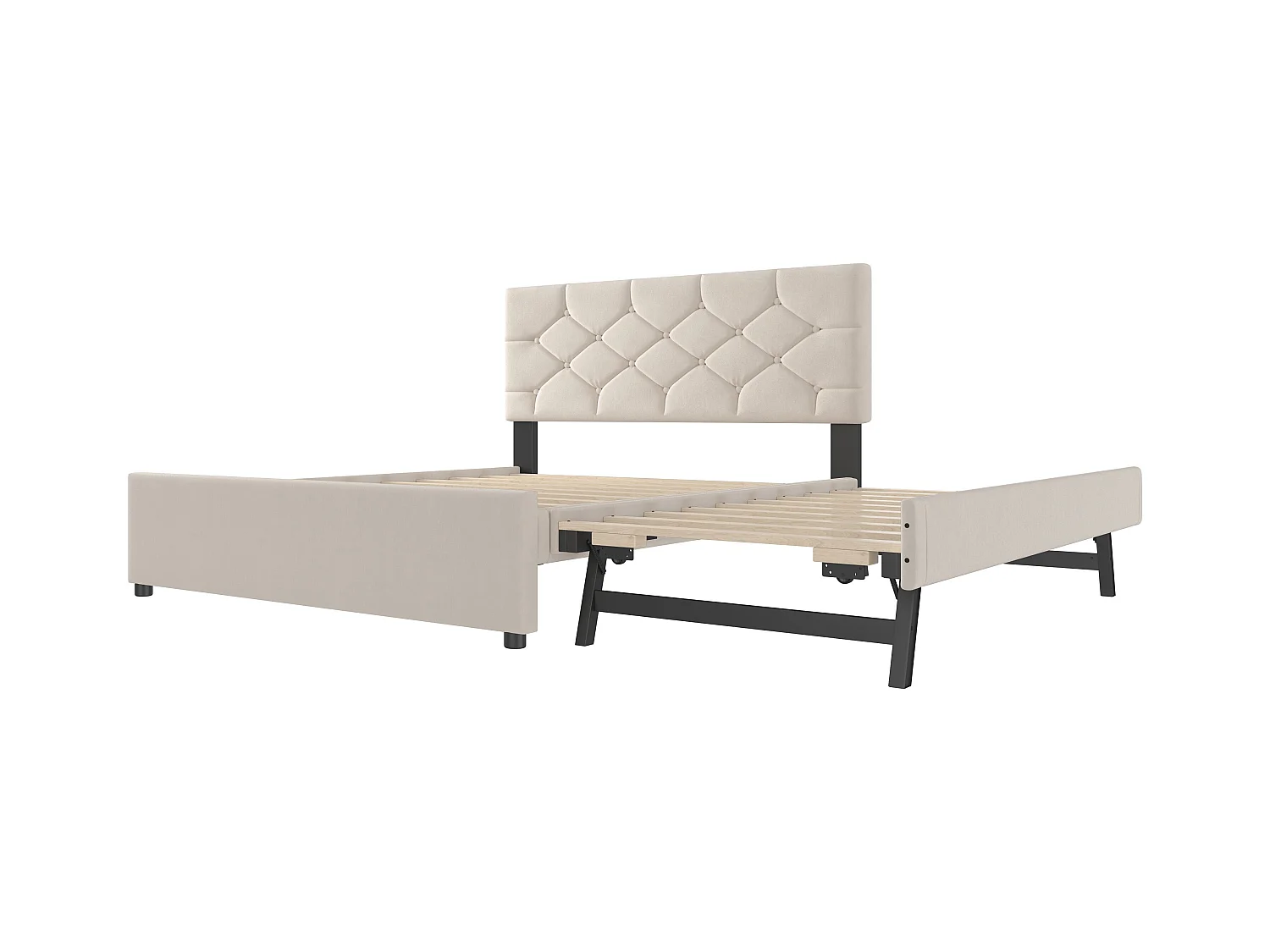 Lit double 140 x 200 cm, velours beige, avec lit gigogne et sommier à lattes - sans matelas