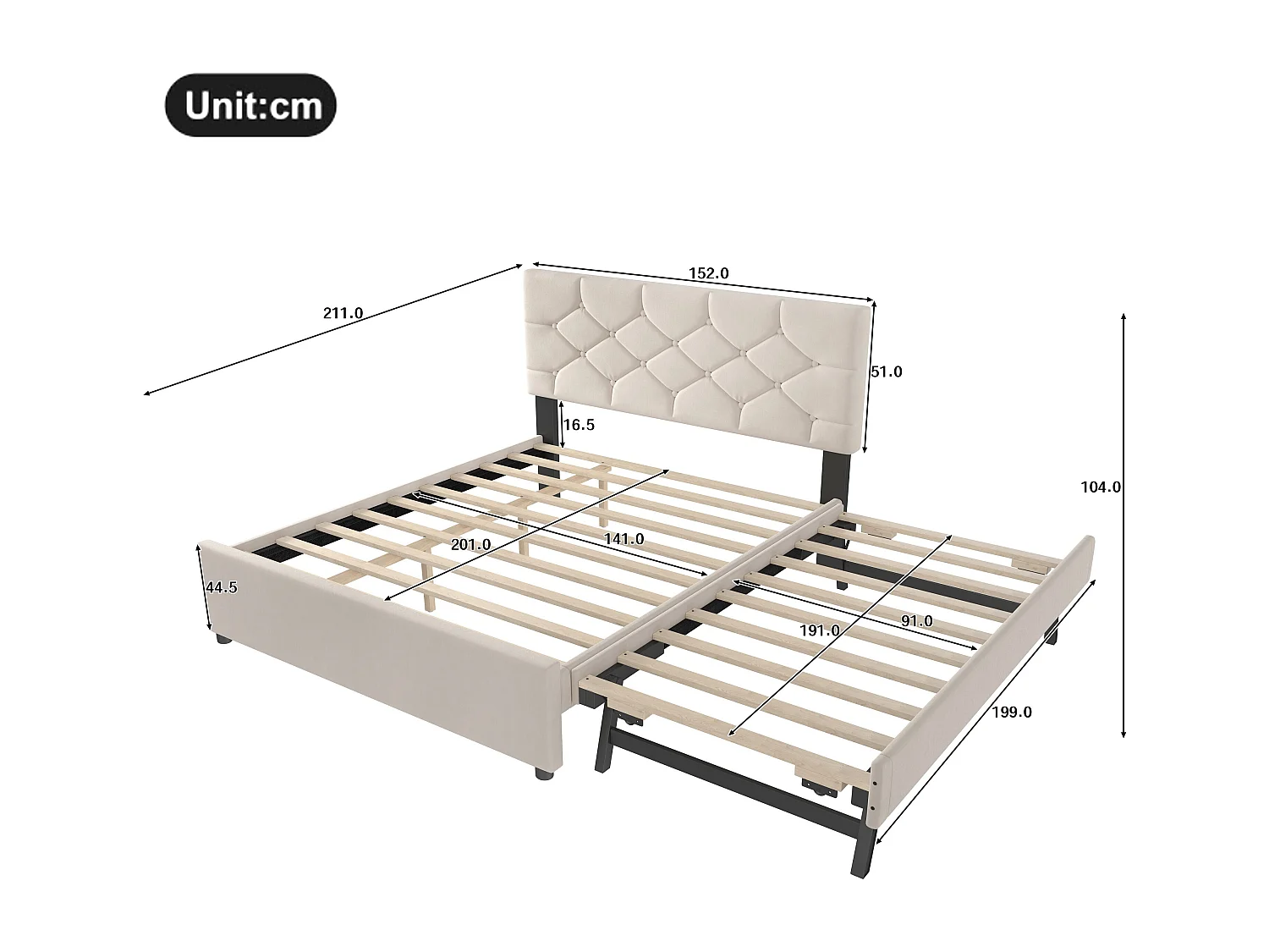 Tweepersoonsbed 140 x 200 cm, beige fluweel, met onderschuifbed en lattenbodem - zonder matras