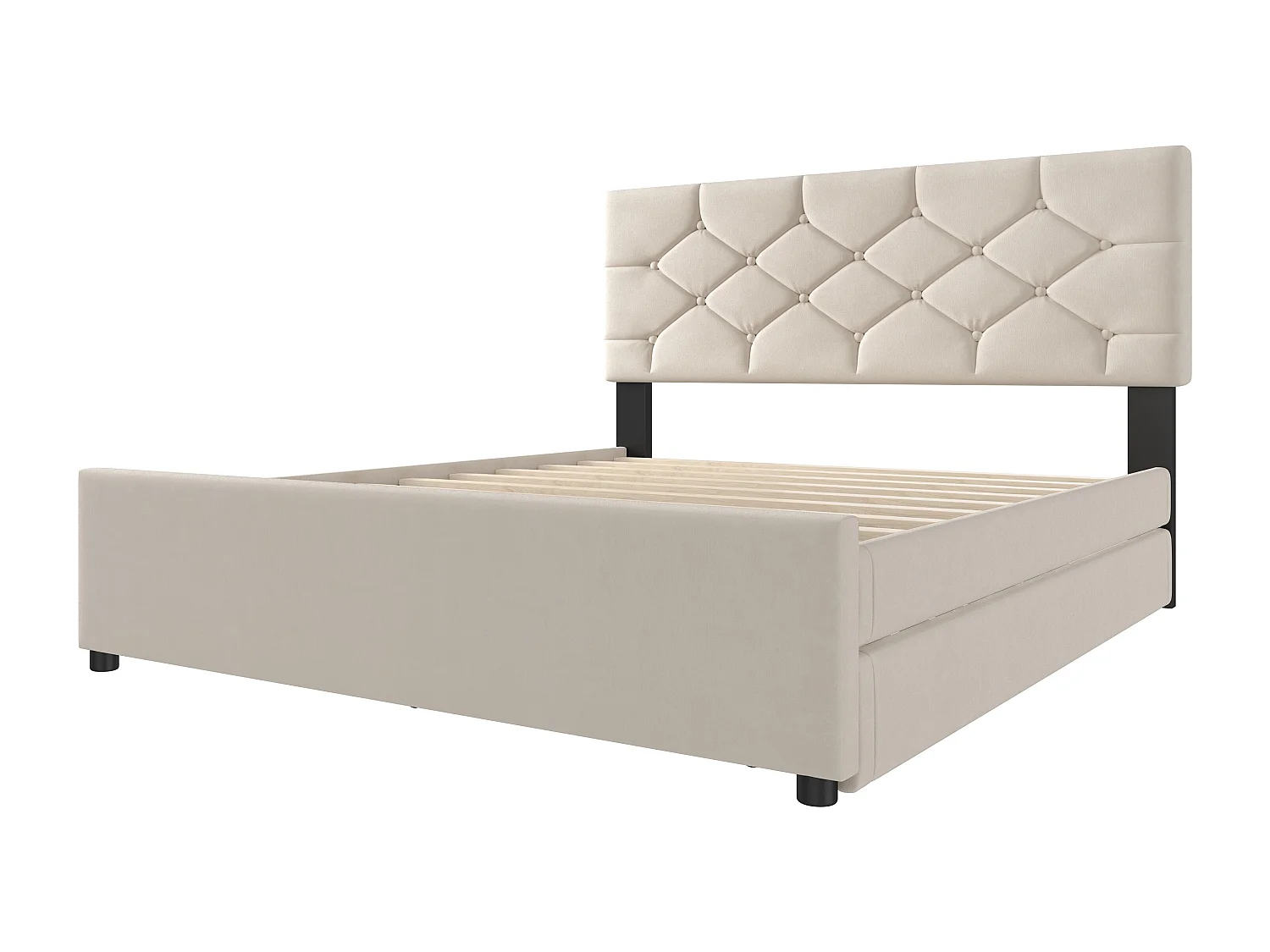 Tweepersoonsbed 140 x 200 cm, beige fluweel, met onderschuifbed en lattenbodem - zonder matras