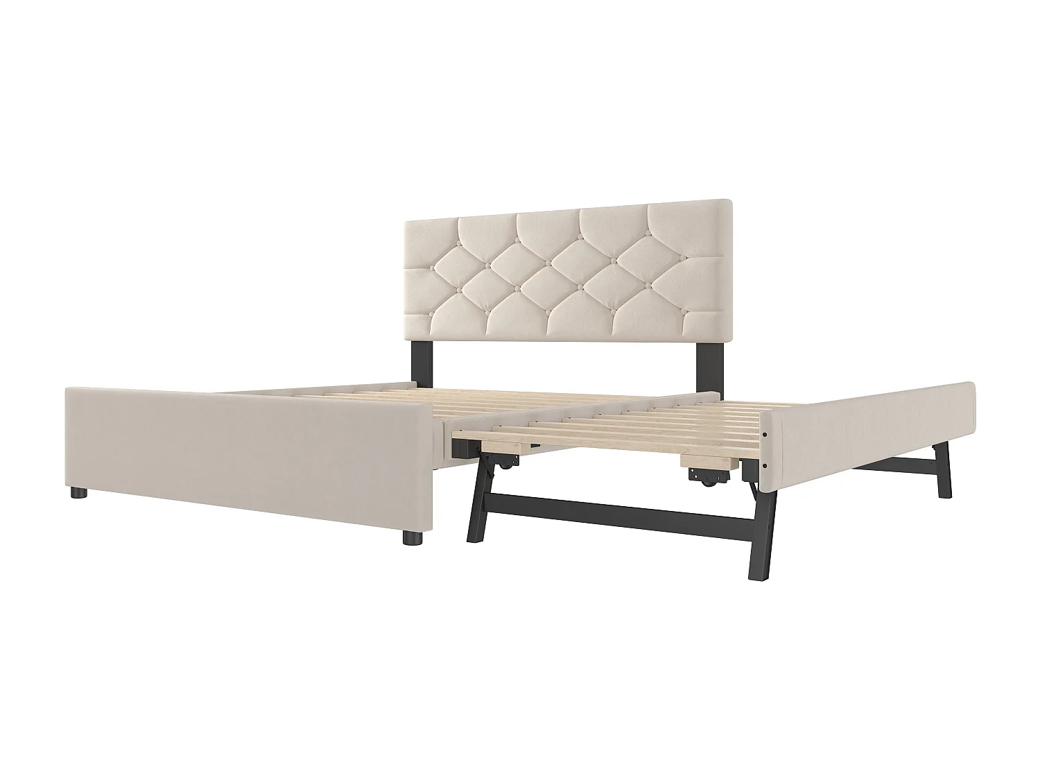 Tweepersoonsbed 140 x 200 cm, beige fluweel, met onderschuifbed en lattenbodem - zonder matras