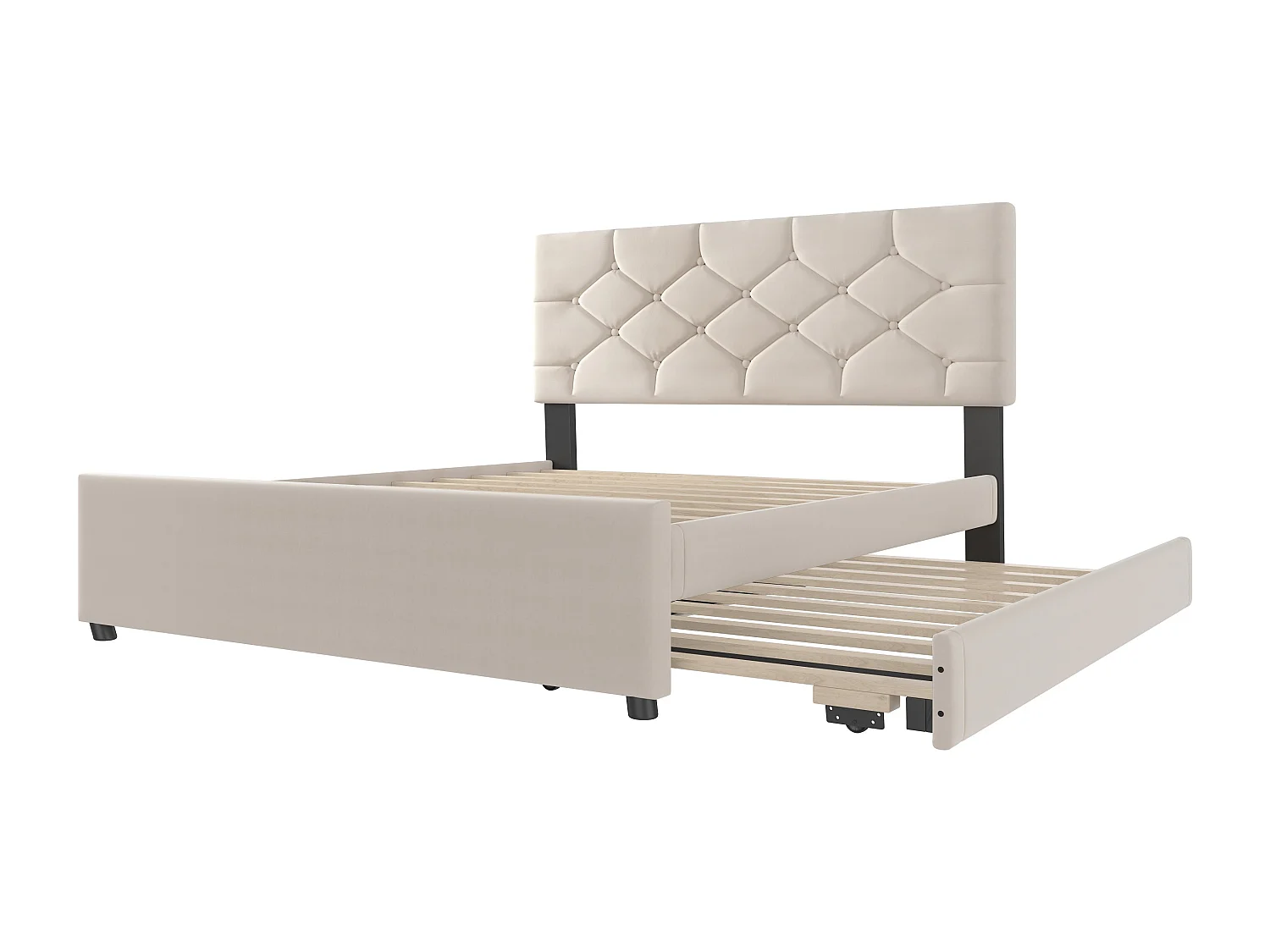 Tweepersoonsbed 140 x 200 cm, beige fluweel, met onderschuifbed en lattenbodem - zonder matras