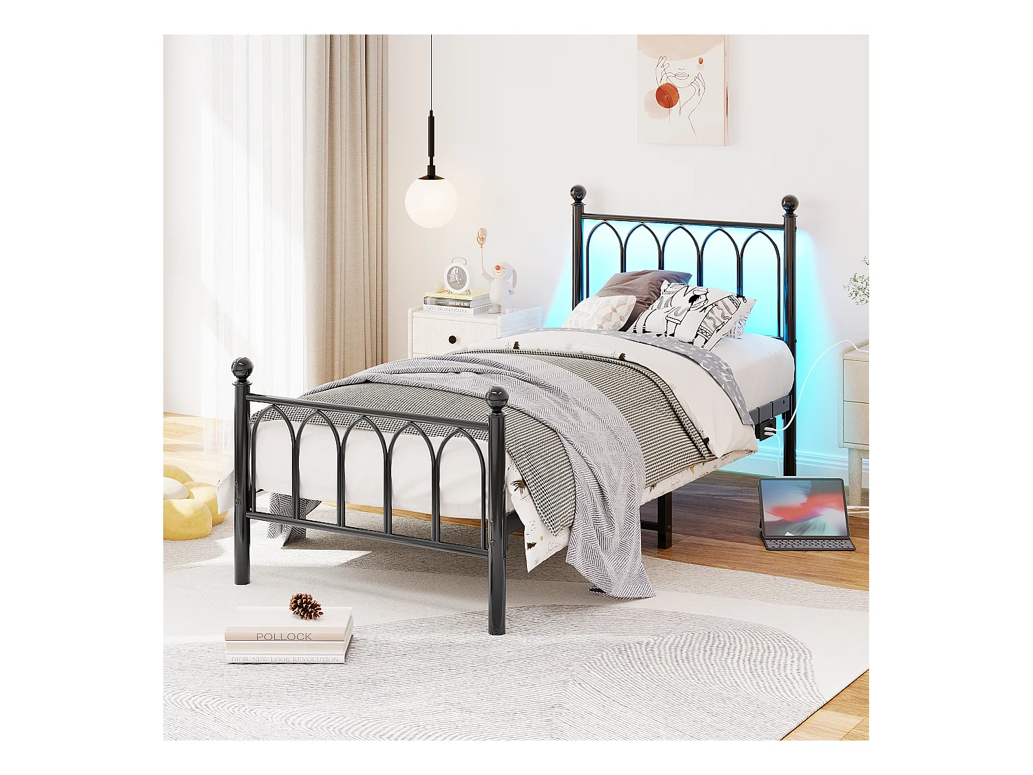 Lit simple 90 x 200 cm, noir, avec port de charge et LED, cadre métallique - sans matelas