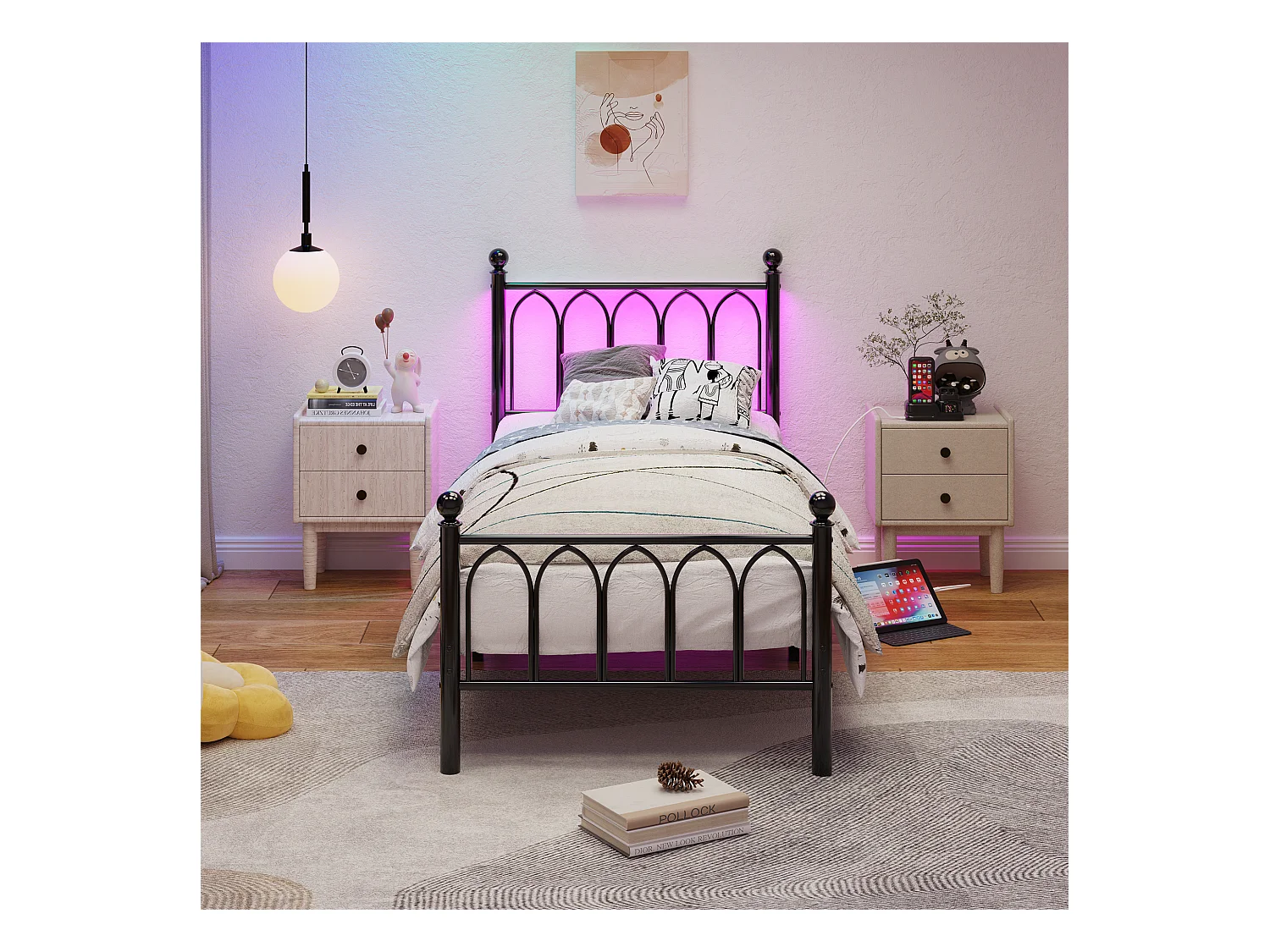 Lit simple 90 x 200 cm, noir, avec port de charge et LED, cadre métallique - sans matelas