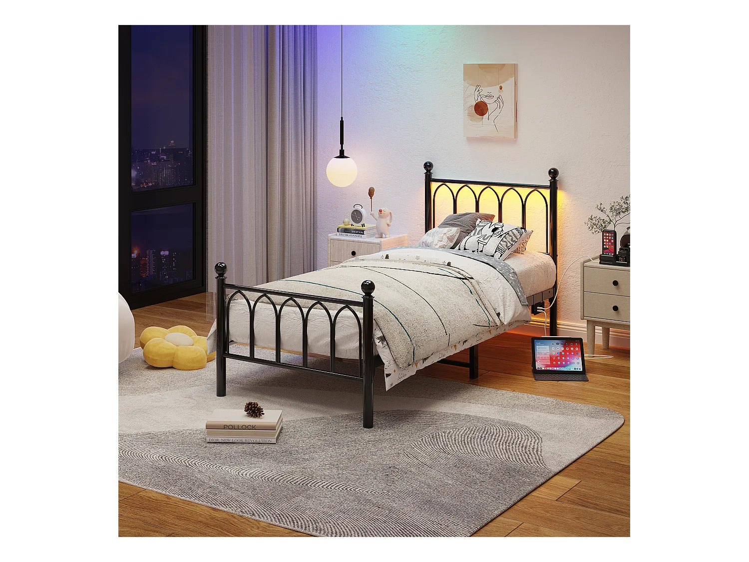 Lit simple 90 x 200 cm, noir, avec port de charge et LED, cadre métallique - sans matelas