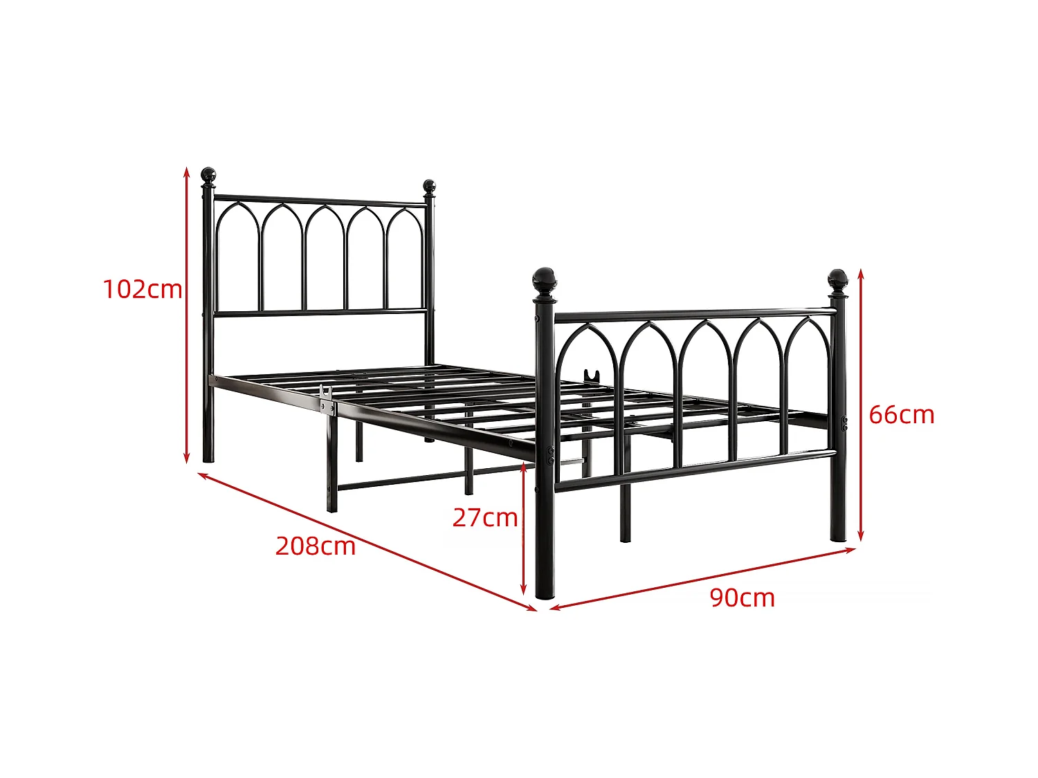 Lit simple 90 x 200 cm, noir, avec port de charge et LED, cadre métallique - sans matelas