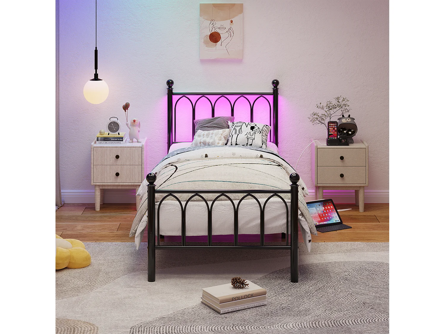 Lit simple 90 x 200 cm, noir, avec port de charge et LED, cadre métallique - sans matelas