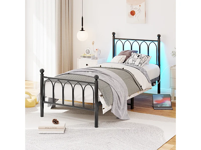 Letto singolo, 90x200 cm, nero, con presa di ricarica e LED, struttura in metallo - senza materasso