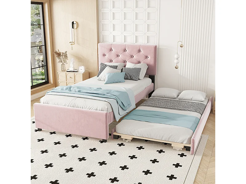 Kinderbett 90 x 200 cm, Samt rosa, mit Ausziehbett und Lattenrost – ohne Matratze