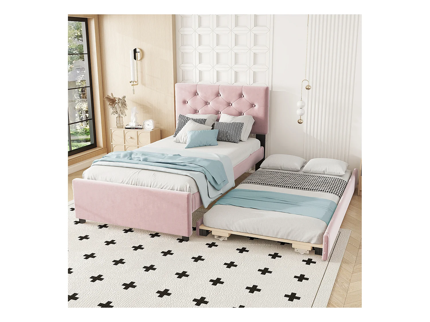 Lit enfant 90 x 200 cm, velours rose, avec lit gigogne et sommier à lattes - sans matelas