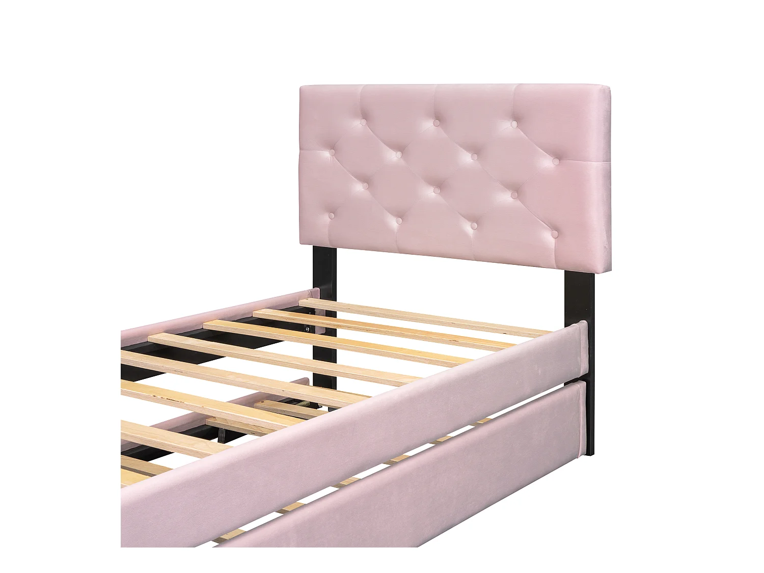 Lit enfant 90 x 200 cm, velours rose, avec lit gigogne et sommier à lattes - sans matelas