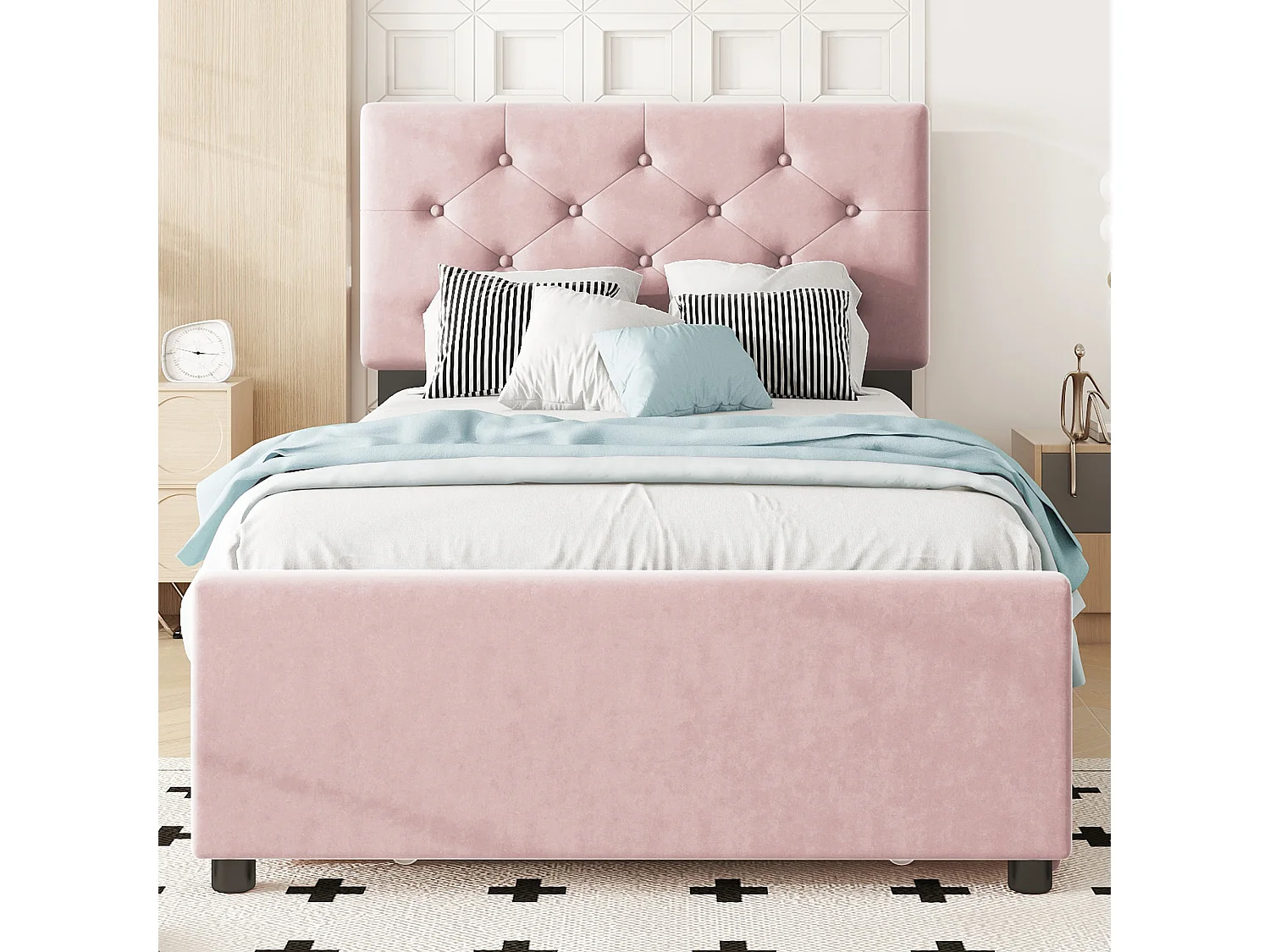 Cama infantil de 90 x 200 cm, terciopelo rosa, con cama nido y somier (sin colchón)