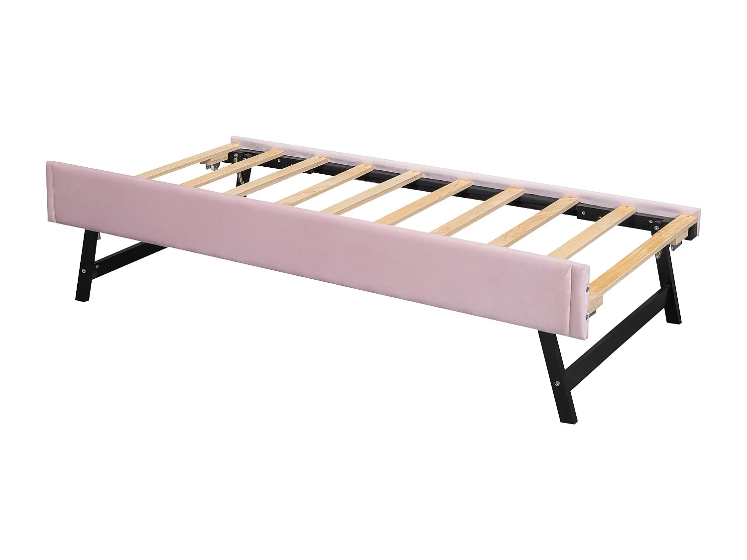 Cama infantil de 90 x 200 cm, terciopelo rosa, con cama nido y somier (sin colchón)