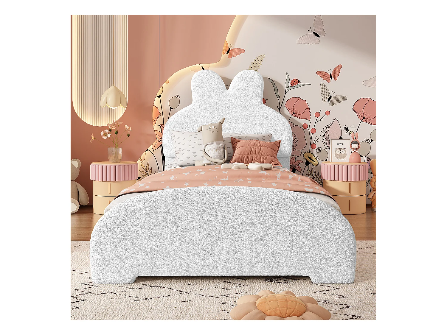 Lit simple 90x200 cm, peluche blanche, lit enfant avec tête de lit oreilles de lapin - sans matelas